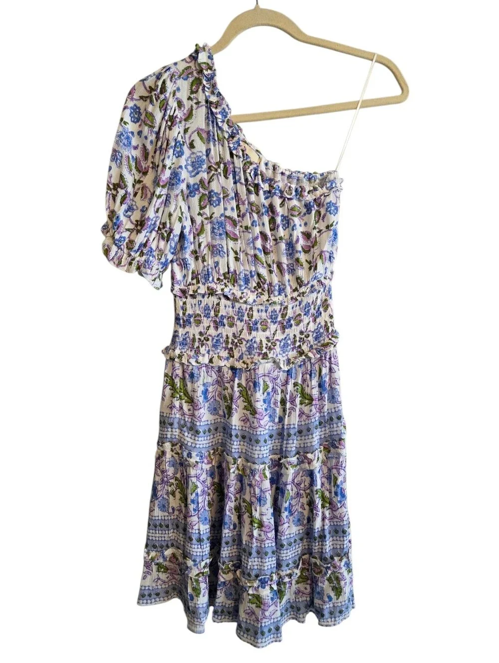Playa Lucila One-Shoulder Floral Pleated Tiered Ruffle Mini Dress Sz S Festival - Picture 3 of 10